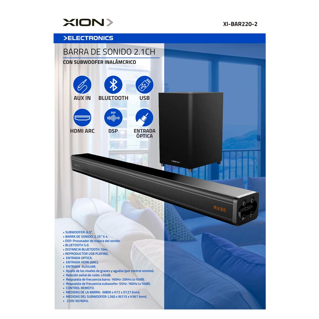 Barra de sonido XION XI-BAR220-2 2.1 con Subwoofer 9800W PMPO | Bluetooth 5.0 y HDMI ARC - Imagen 4